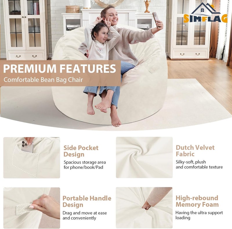 SIMFLAG 3FT Bean Bag Chair, Comfy Bean Bag Chairs with Memory Foam Filled, Fluffy Beanbag Sofa with Dutch Velvet Cover, Round BeanBag Chairs for Living Room, Playroom - Beige - Image 4